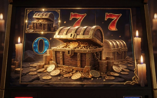 Cineastischer Abenteuer-Spielautomat mit goldener Schatztruhe und antiken M&uuml;nzen im Online Casino