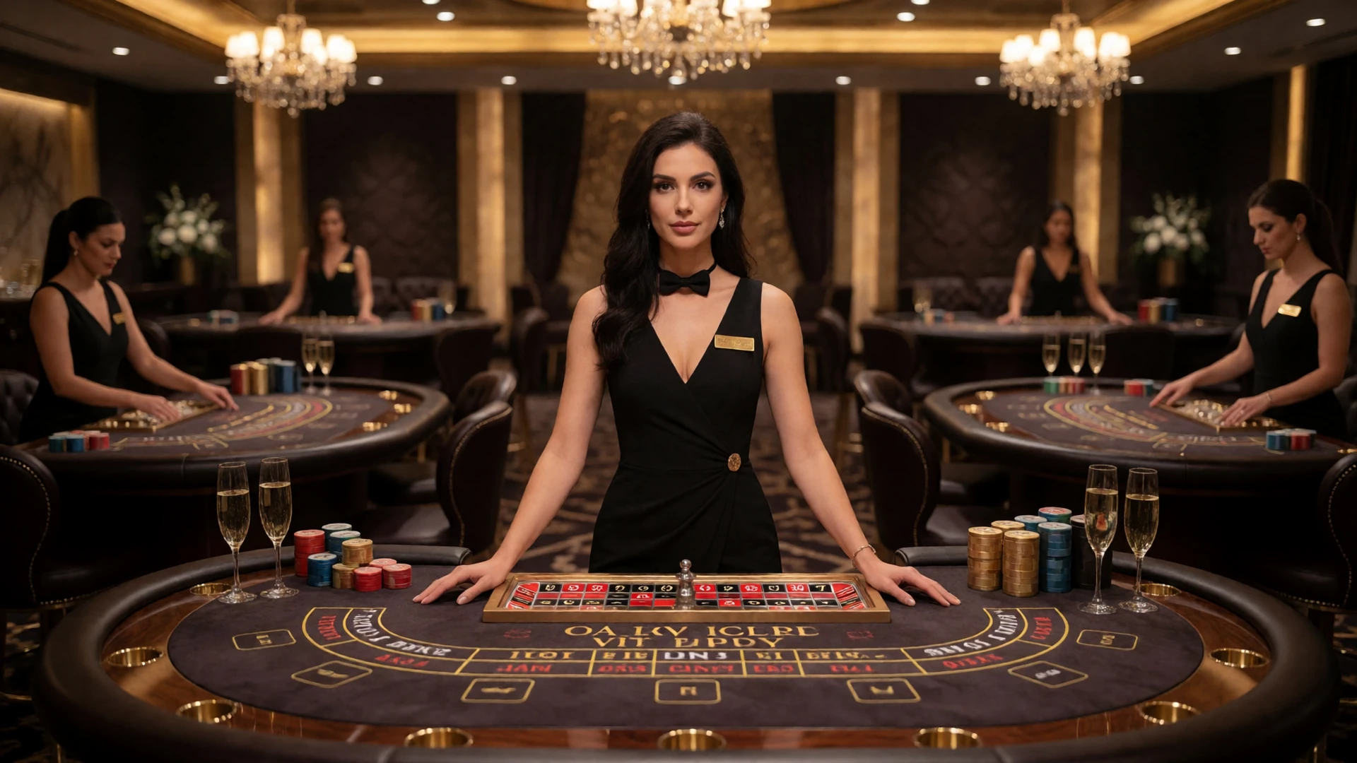 Live-Casino-Studio von Millioner Casino mit Croupierin am Roulette-Tisch und goldenem Ambientelicht