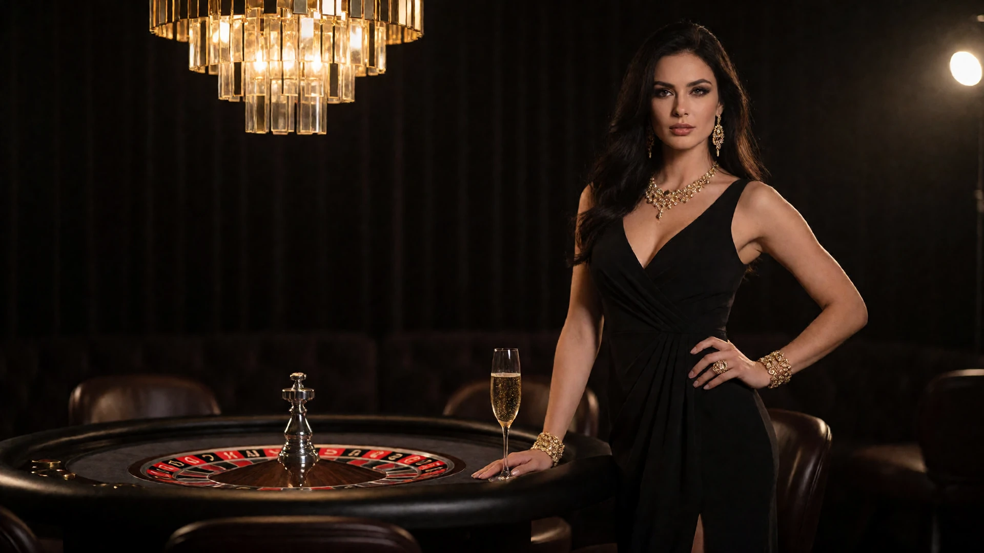 Elegante Frau in schwarzem Abendkleid in der VIP-Lounge von Millioner Casino mit goldenem Kronleuchter