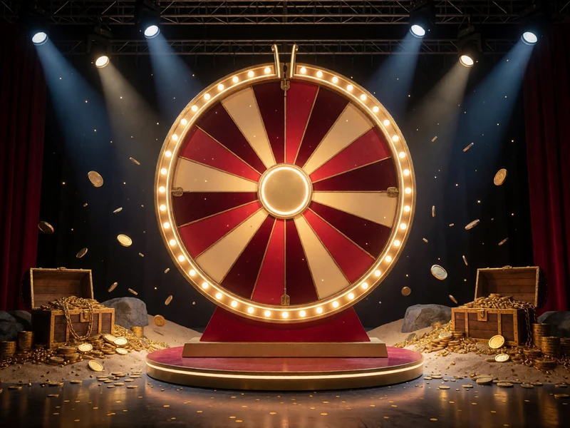 Game-Show-Studio von Treasure Island mit riesigem goldenen Gl&uuml;cksrad und B&uuml;hnenscheinwerfern