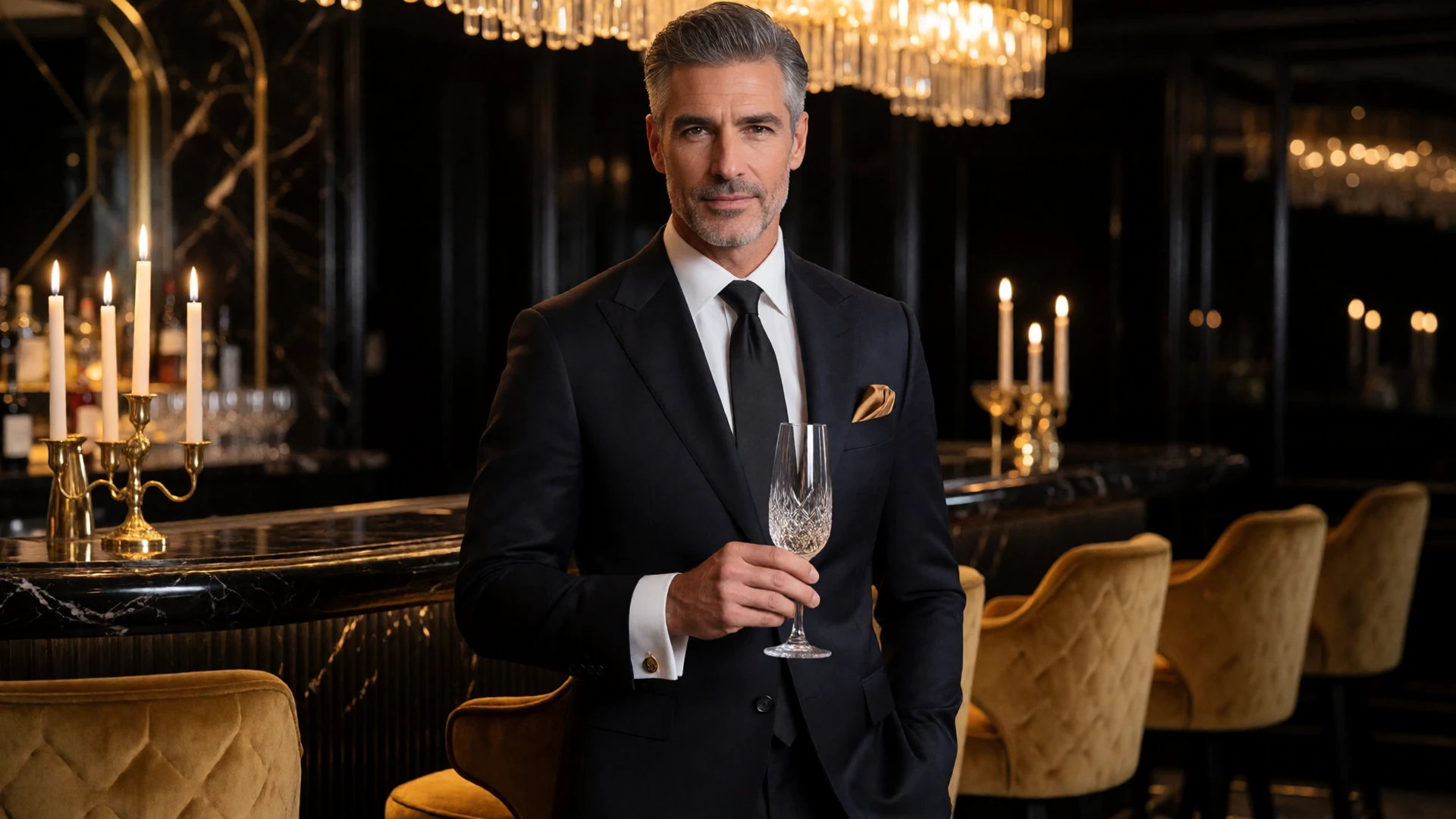 Gentleman im schwarzen Ma&szlig;anzug mit Champagnerglas in der VIP-Lounge des Millioner Casino VIP-Programms
