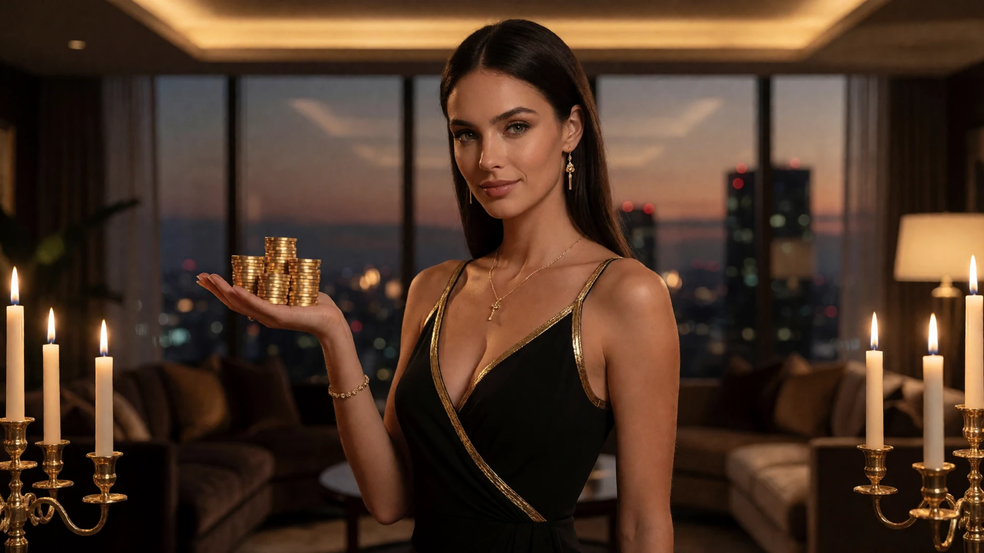 Elegante Frau in schwarz-goldenem Abendkleid mit goldenen Casino-Chips in einer Penthouse-Lounge von Millioner Casino
