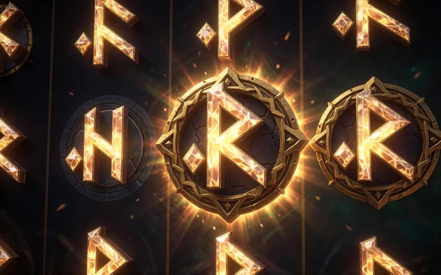 Nordischer Premium-Spielautomat mit leuchtenden goldenen Runen und Kristallsymbolen bei Millioner Casino